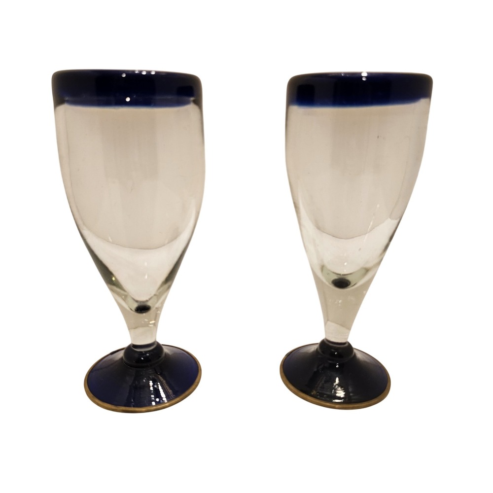 Vintage 70s Mexican Hand Blown Cobalt Blue Glass Goblets Brass Rim Base Set of 2